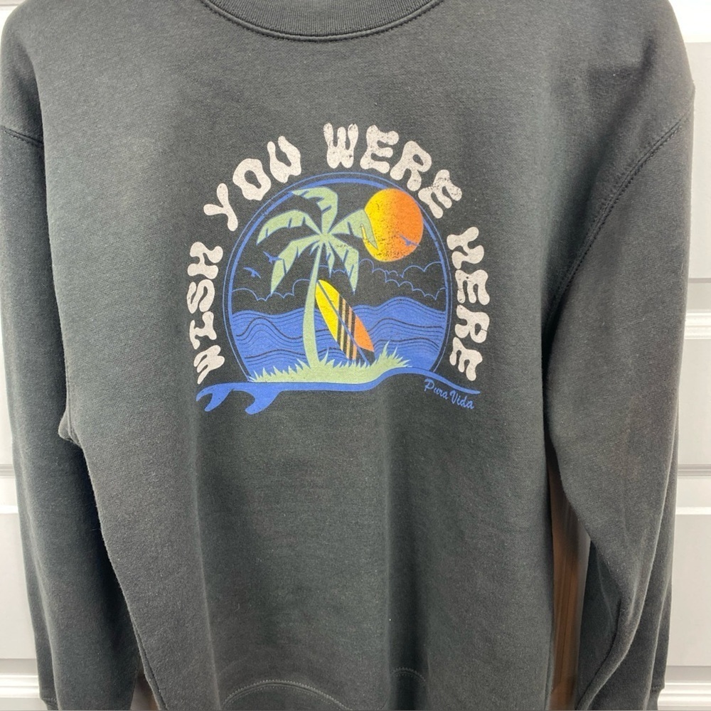 Pura Vida Sweatshirt Wish You Were Here Sunset  Surfboard Palm Tree S Small